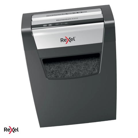 Distrugatoare documente si accesorii - Distrugator de documente Rexel Momentum X312 cu alimentare manuala, taiere cross-cut P-3 in particule de 5x42 mm, 12 coli, cos de 23 l, anti-blocare, pentru acasa