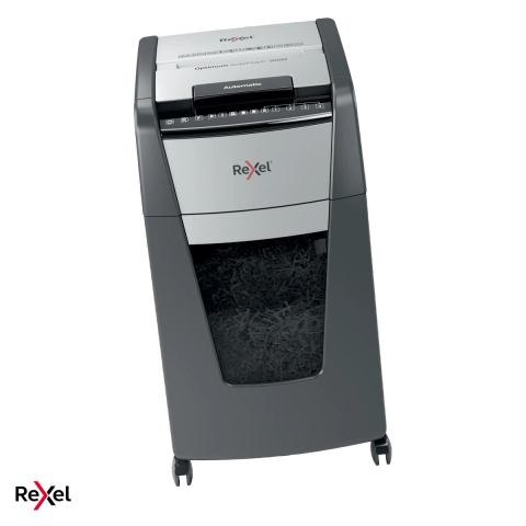 Distrugator de documente Rexel Optimum 300M automat, taiere micro-cut P-5 in particule de 2x15 mm, 300 coli automat si 8 manual, cos de 60 l, pe roti, blocare cu cod PIN [0]