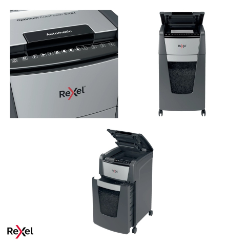 Distrugator de documente Rexel Optimum 300M automat, taiere micro-cut P-5 in particule de 2x15 mm, 300 coli automat si 8 manual, cos de 60 l, pe roti, blocare cu cod PIN [3]