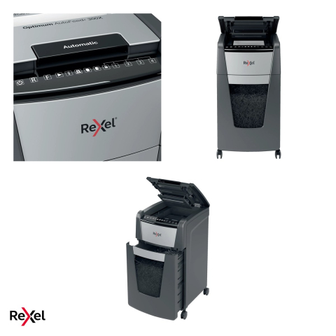 Distrugator de documente Rexel Optimum 300X automat, taiere cross-cut P-4 in particule de 4x26 mm, 300 coli automat si 10 manual, cos de 60 l, pe roti, blocare cu cod PIN [3]