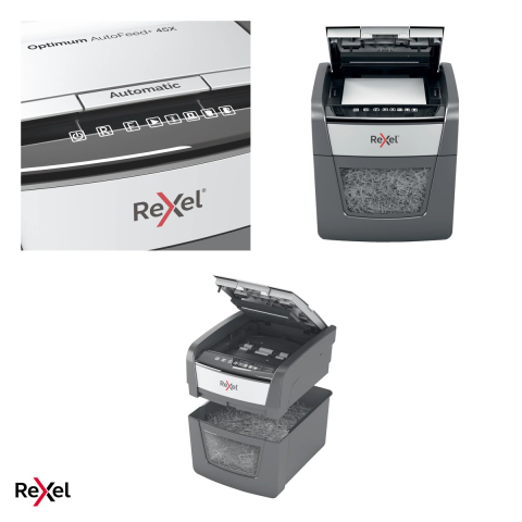 Distrugator de documente Rexel Optimum 45X automat, taiere cross-cut P-4 in particule de 4x28 mm, 45 coli automat si 6 manual, cos de 20 l, distruge capse, agrafe si carduri [3]