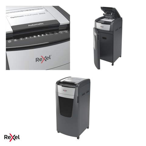 Distrugator de documente Rexel Optimum 600X automat, taiere cross-cut P-4 in particule de 4x30 mm, 600 coli automat si 15 manual, cos de 110 l, pe roti, functionare continua 240 de minute [3]