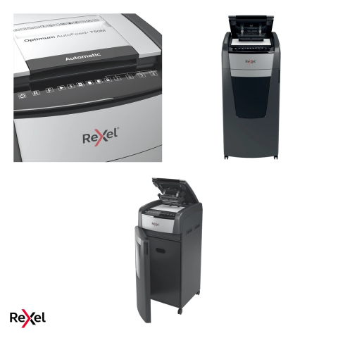 Distrugator de documente Rexel Optimum 750M automat, taiere micro-cut P-5 in particule de 2x15 mm, 750 coli automat si 15 manual, cos de 140 l, pe roti, functionare continua 240 de minute [3]