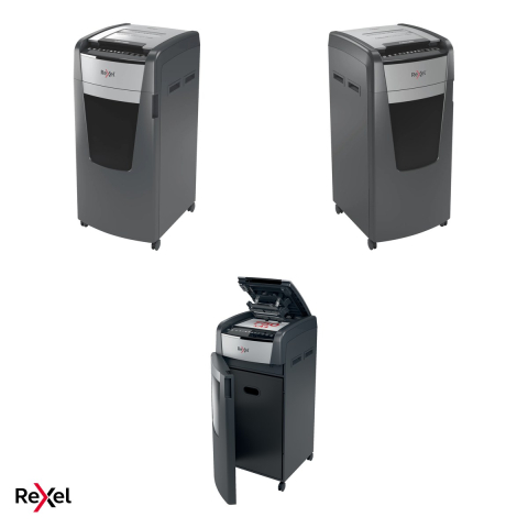 Distrugator de documente Rexel Optimum 750M automat, taiere micro-cut P-5 in particule de 2x15 mm, 750 coli automat si 15 manual, cos de 140 l, pe roti, functionare continua 240 de minute [4]