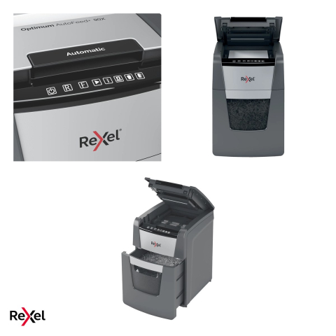 Distrugator de documente Rexel Optimum 90X automat, taiere cross-cut P-4 in particule de 4x28 mm, 90 coli automat si 8 manual, cos de 34 l, functionare continua 20 de minute [3]