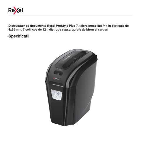 Distrugator de documente Rexel ProStyle Plus 7, taiere cross-cut P-4 in particule de 4x25 mm, 7 coli, cos de 12 l, distruge capse, agrafe de birou si carduri [2]