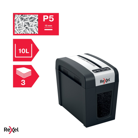Distrugator de documente Rexel Secure MC3 cu alimentare manuala, taiere micro-cut P-5, 3 coli, cos de 10 l cu geam de vizualizare, Whisper-Shred, distruge capse si agrafe [5]