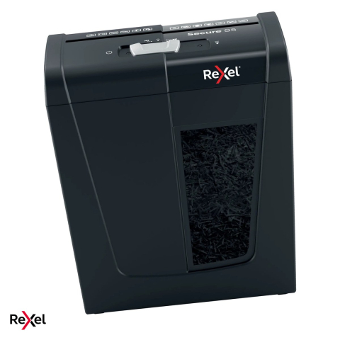 Distrugatoare documente si accesorii - Distrugator de documente Rexel Secure S5 cu alimentare manuala, taiere strip-cut P-2, 5 coli, cos de 10 l cu geam de vizualizare, distruge capse si agrafe, sub 70 dBA