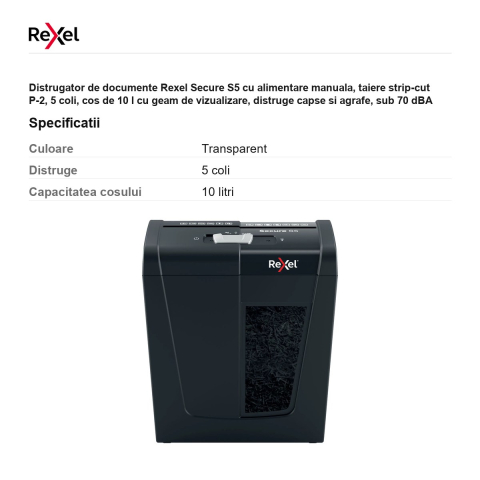 Distrugator de documente Rexel Secure S5 cu alimentare manuala, taiere strip-cut P-2, 5 coli, cos de 10 l cu geam de vizualizare, distruge capse si agrafe, sub 70 dBA [2]