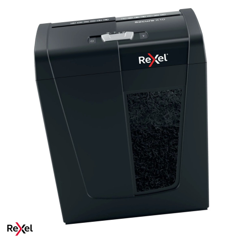 Distrugatoare documente si accesorii - Distrugator de documente Rexel Secure X10 cu alimentare manuala, taiere cross-cut P-4, 10 coli, cos de 18 l cu geam de vizualizare, distruge capse si agrafe, functionare silentioasa