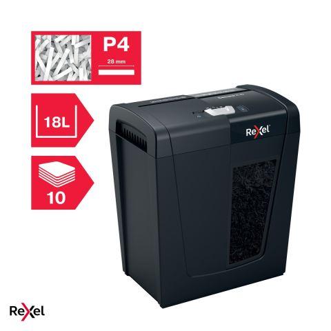 Distrugator de documente Rexel Secure X10 cu alimentare manuala, taiere cross-cut P-4, 10 coli, cos de 18 l cu geam de vizualizare, distruge capse si agrafe, functionare silentioasa [5]