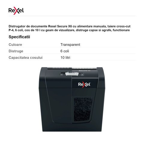 Distrugator de documente Rexel Secure X6 cu alimentare manuala, taiere cross-cut P-4, 6 coli, cos de 10 l cu geam de vizualizare, distruge capse si agrafe, functionare silentioasa [2]