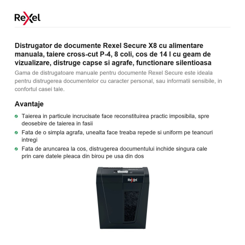 Distrugator de documente Rexel Secure X8 cu alimentare manuala, taiere cross-cut P-4, 8 coli, cos de 14 l cu geam de vizualizare, distruge capse si agrafe, functionare silentioasa [1]
