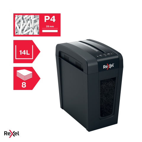 Distrugator de documente Rexel Secure X8 Slim cu alimentare manuala, taiere cross-cut P-4, 8 coli, cos de 14 l cu geam de vizualizare, Whisper-Shred sub 60 dBA, LED de supraincalzire [5]