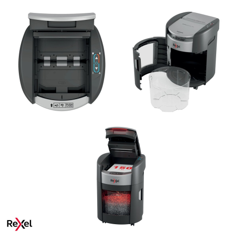 Distrugator de documente Rexel ShredMax 150M automat, taiere micro-cut P-5 Flat Cut, 150 coli automat si 6 manual, cos rotativ de 15 l, functionare continua 30 de minute, 570x443x396 mm [3]