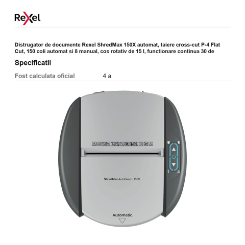 Distrugator de documente Rexel ShredMax 150X automat, taiere cross-cut P-4 Flat Cut, 150 coli automat si 8 manual, cos rotativ de 15 l, functionare continua 30 de minute, pentru acasa [2]