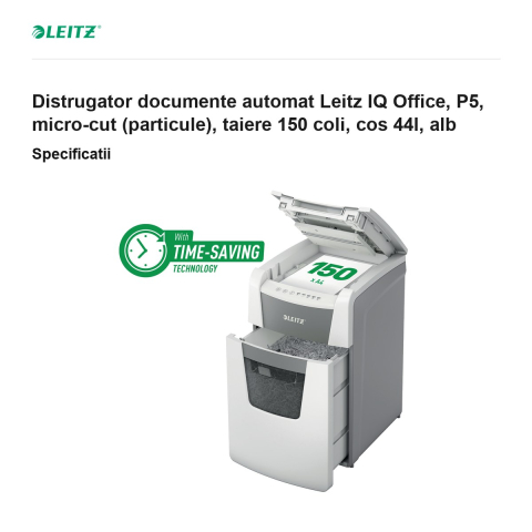 Distrugator documente automat Leitz IQ Office, P5, micro-cut (particule), taiere 150 coli, cos 44l, alb [2]