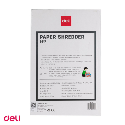 Distrugator documente Deli 9917 Cross Cut, taiere cross-cut, 4x40, 16 coli, niv securitate 4, 740x485x345 mm [4]