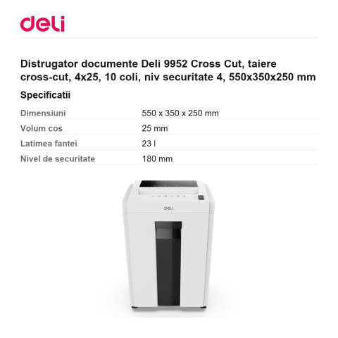 Distrugator documente Deli 9952 Cross Cut, taiere cross-cut, 4x25, 10 coli, niv securitate 4, 550x350x250 mm [2]