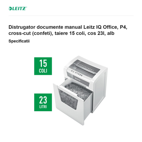 Distrugator documente manual Leitz IQ Office, P4, cross-cut (confeti), taiere 15 coli, cos 23l, alb [2]