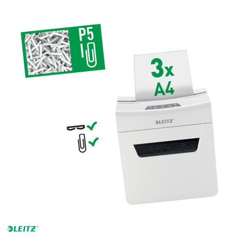 Distrugatoare documente si accesorii - Distrugator documente manual Leitz IQ Protect 3M, P5, micro-cut (particule), taiere 3 coli, cos 10l, alb