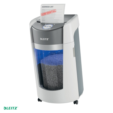 Distrugatoare documente si accesorii - Distrugator documente manual Leitz OptiMax, P5, micro-cut (particule), taiere 10 coli, cos 35l, alb-gri