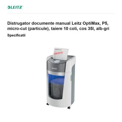 Distrugator documente manual Leitz OptiMax, P5, micro-cut (particule), taiere 10 coli, cos 35l, alb-gri [2]