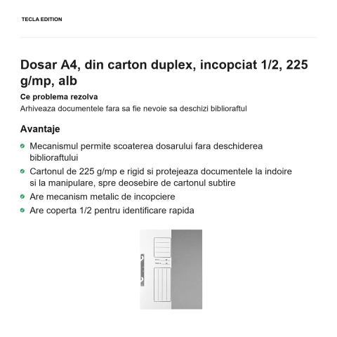 Dosar A4, din carton duplex, incopciat 1/2, 225 g/mp, alb [1]