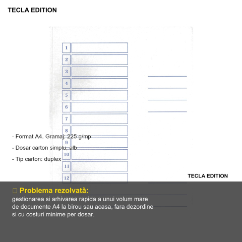Dosar carton simplu Tecla Edition, format A4, alb, gramaj 225 g/mp, set 100 bucati, pentru arhivare si organizare documente [1]
