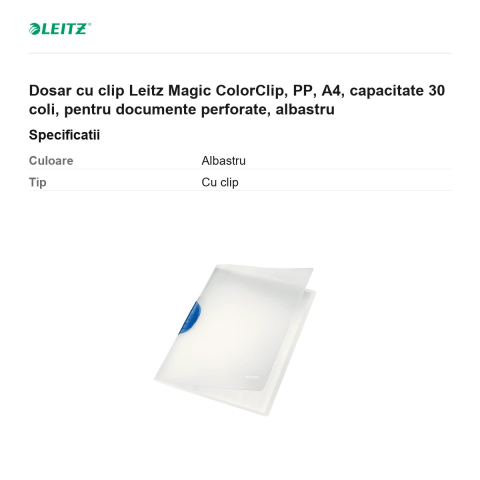 Dosar cu clip Leitz Magic ColorClip, PP, A4, capacitate 30 coli, pentru documente perforate, albastru [2]