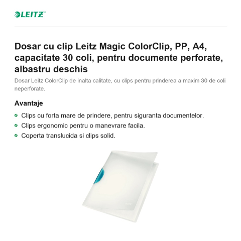 Dosar cu clip Leitz Magic ColorClip, PP, A4, capacitate 30 coli, pentru documente perforate, albastru deschis [1]