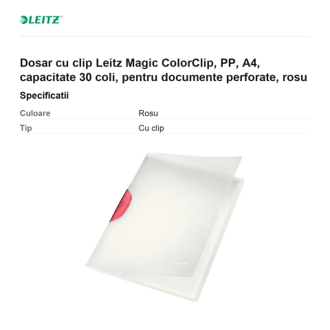 Dosar cu clip Leitz Magic ColorClip, PP, A4, capacitate 30 coli, pentru documente perforate, rosu [2]