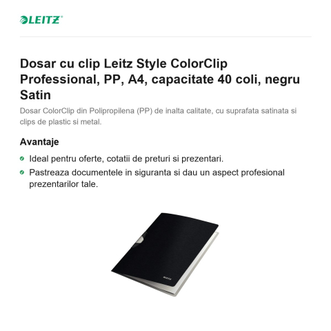 Dosar cu clip Leitz Style ColorClip Professional, PP, A4, capacitate 40 coli, negru Satin [1]