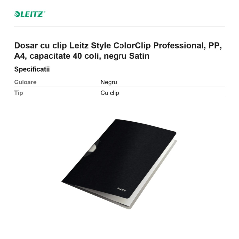 Dosar cu clip Leitz Style ColorClip Professional, PP, A4, capacitate 40 coli, negru Satin [2]