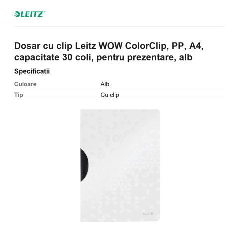 Dosar cu clip Leitz WOW ColorClip, PP, A4, capacitate 30 coli, pentru prezentare, alb [2]