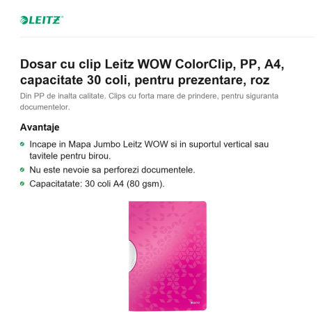 Dosar cu clip Leitz WOW ColorClip, PP, A4, capacitate 30 coli, pentru prezentare, roz [1]