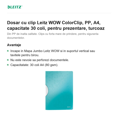 Dosar cu clip Leitz WOW ColorClip, PP, A4, capacitate 30 coli, pentru prezentare, turcoaz [1]