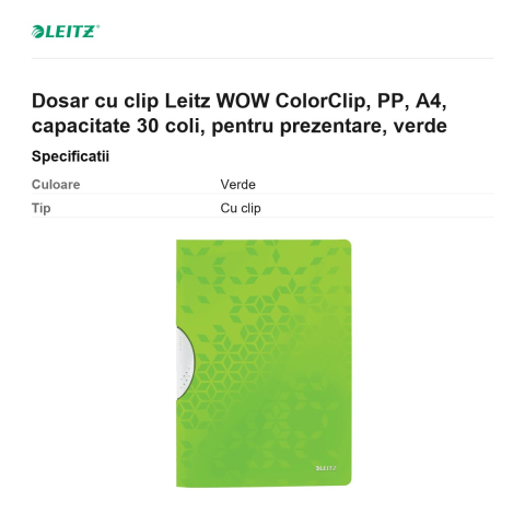 Dosar cu clip Leitz WOW ColorClip, PP, A4, capacitate 30 coli, pentru prezentare, verde [2]