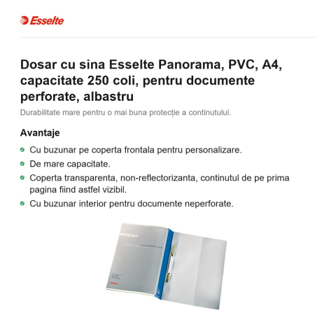 Dosar cu sina Esselte Panorama, PVC, A4, capacitate 250 coli, pentru documente perforate, albastru [1]