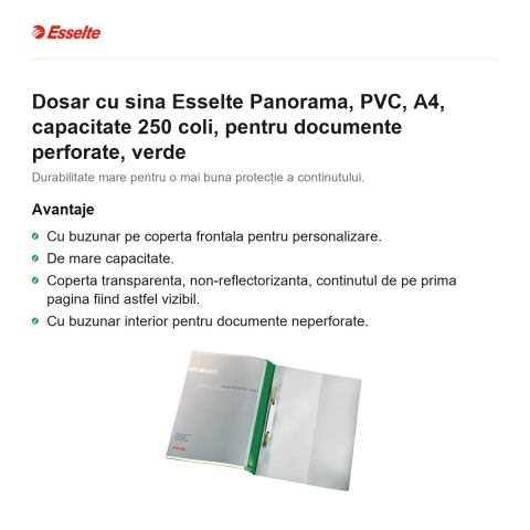 Dosar cu sina Esselte Panorama, PVC, A4, capacitate 250 coli, pentru documente perforate, verde [1]