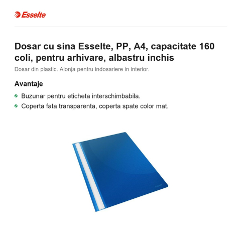 Dosar cu sina Esselte, PP, A4, capacitate 160 coli, pentru arhivare, albastru inchis [1]