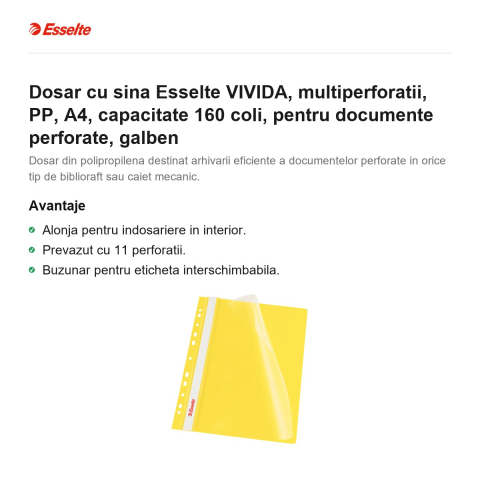Dosar cu sina Esselte VIVIDA, multiperforatii, PP, A4, capacitate 160 coli, pentru documente perforate, galben [1]