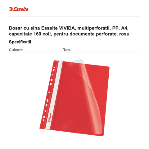Dosar cu sina Esselte VIVIDA, multiperforatii, PP, A4, capacitate 160 coli, pentru documente perforate, rosu [2]