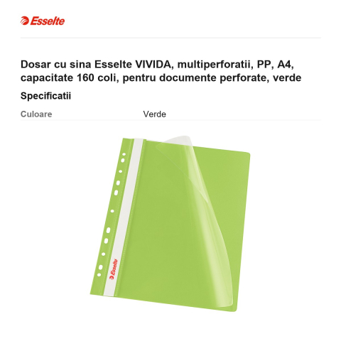 Dosar cu sina Esselte VIVIDA, multiperforatii, PP, A4, capacitate 160 coli, pentru documente perforate, verde [2]