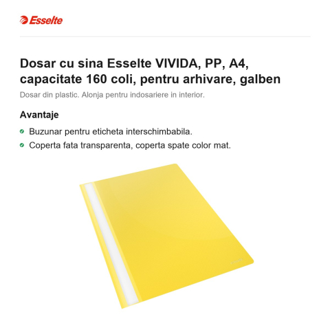 Dosar cu sina Esselte VIVIDA, PP, A4, capacitate 160 coli, pentru arhivare, galben [1]