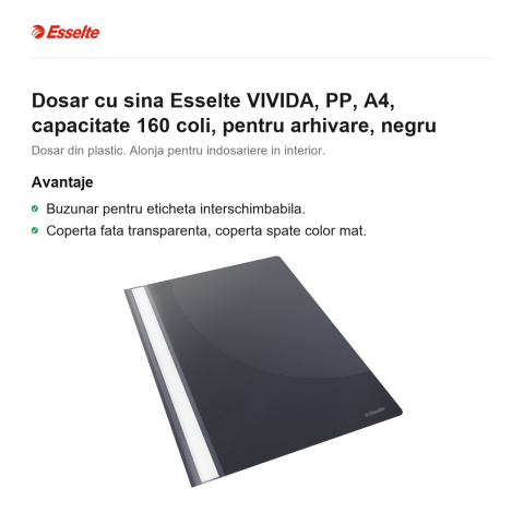 Dosar cu sina Esselte VIVIDA, PP, A4, capacitate 160 coli, pentru arhivare, negru [1]