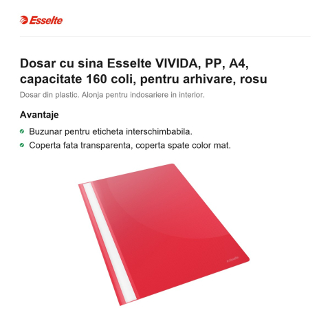 Dosar cu sina Esselte VIVIDA, PP, A4, capacitate 160 coli, pentru arhivare, rosu [1]