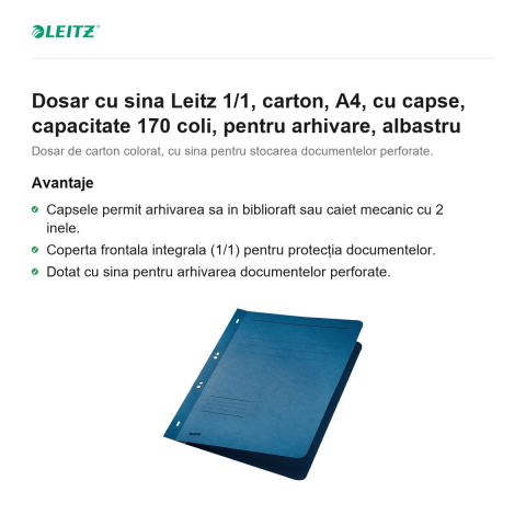 Dosar cu sina Leitz 1/1, carton, A4, cu capse, capacitate 170 coli, pentru arhivare, albastru [1]