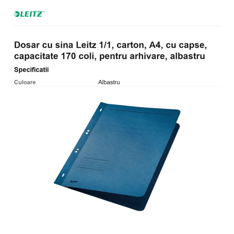 Dosar cu sina Leitz 1/1, carton, A4, cu capse, capacitate 170 coli, pentru arhivare, albastru [2]