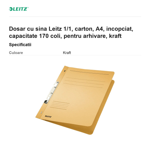 Dosar cu sina Leitz 1/1, carton, A4, incopciat, capacitate 170 coli, pentru arhivare, kraft [2]